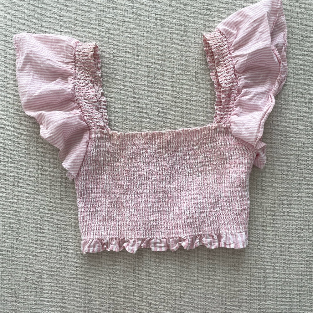 LoveShackFancy Pink Striped Ruffle Blouse Crop Top